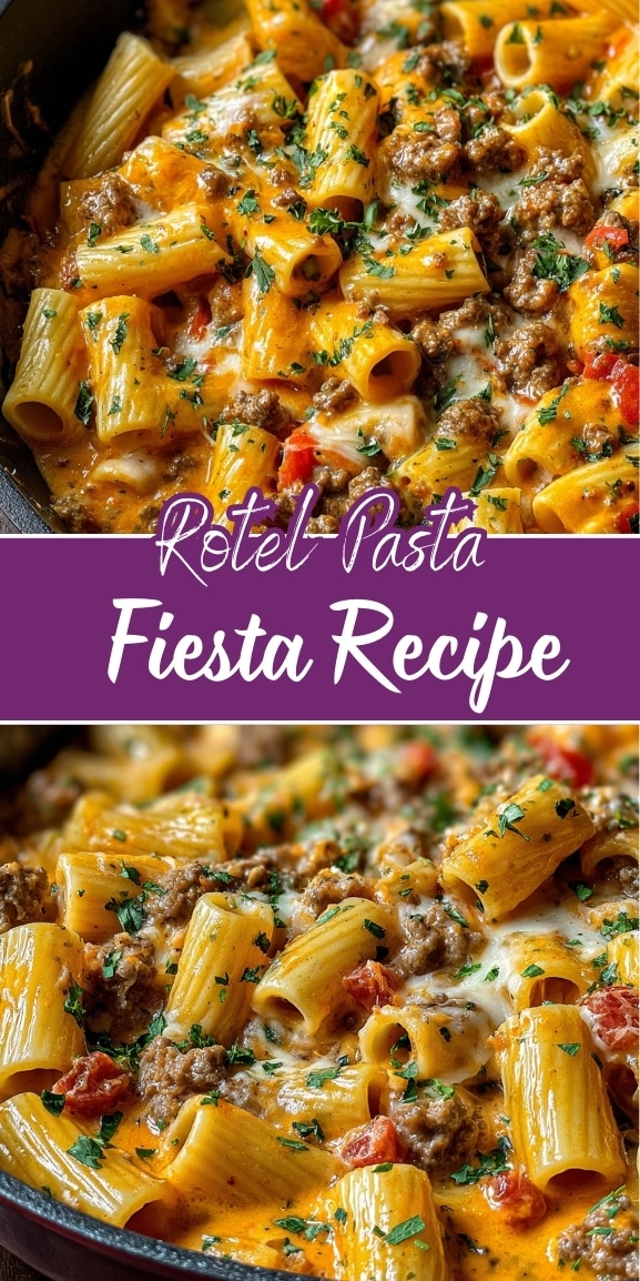 Rotel Pasta Fiesta recipe featuring rigatoni pasta tossed with seasoned ground beef, Rotel tomatoes with green chilies, and melted cheese in a creamy, cheesy one-skillet dinner.