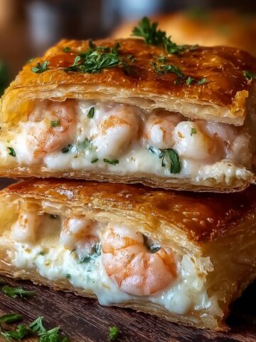 Two golden-brown puff pastry pockets stacked on a wooden board, filled with pink shrimp and creamy white crab mixture with fresh herbs, garnished with parsley on top and around the base.