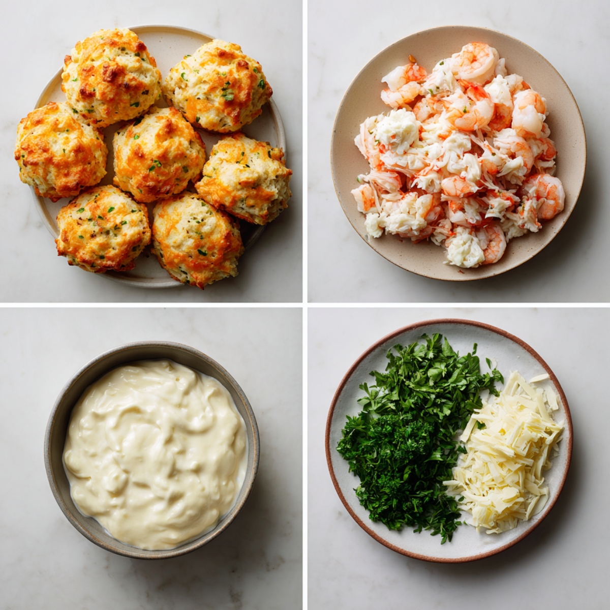 Top-down view of ingredients for Shrimp Crab Melts on a white marble surface: halved golden-brown cheddar bay biscuits, cooked pink shrimp and crab meat, creamy white sauce with melted cheese, and chopped fresh parsley. Clean, minimal, high-end food photography layout.