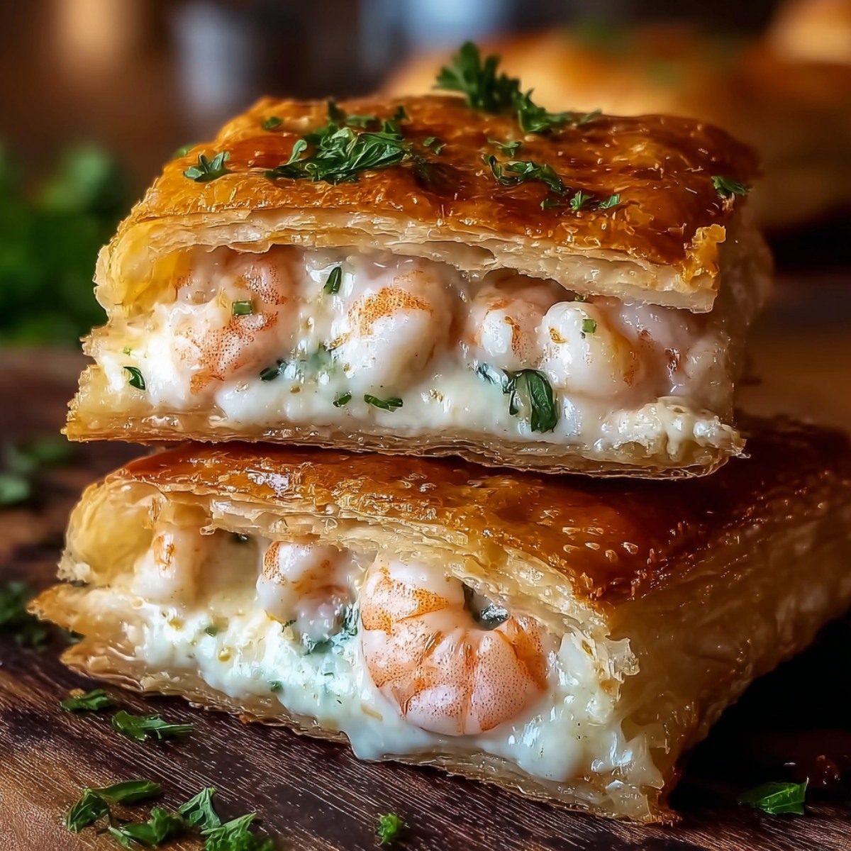 Two golden-brown puff pastry pockets stacked on a wooden board, filled with pink shrimp and creamy white crab mixture with fresh herbs, garnished with parsley on top and around the base.