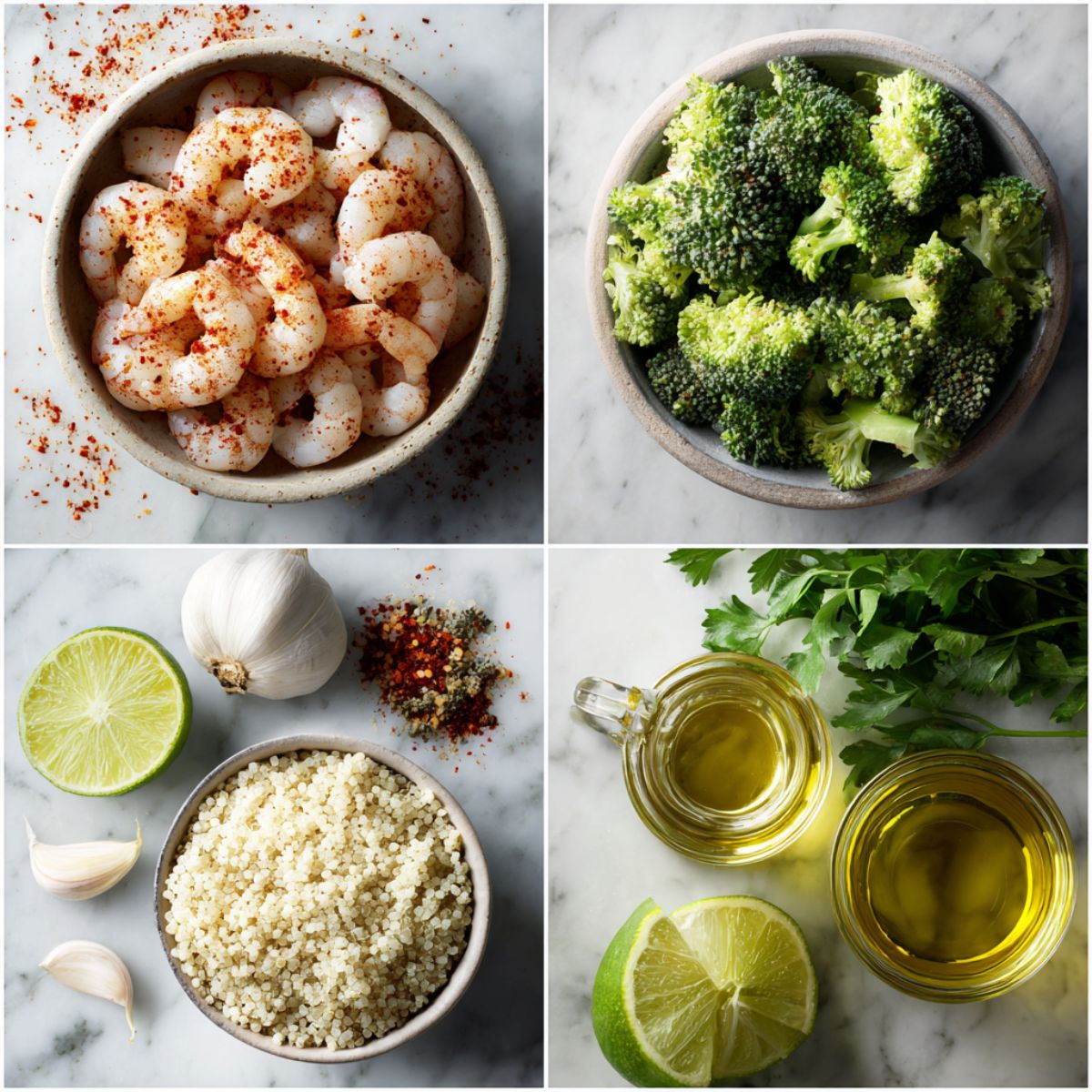 Ingredients for Shrimp Quinoa Bowl Recipe arranged in a 4-panel flat lay on a white marble kitchen counter.
