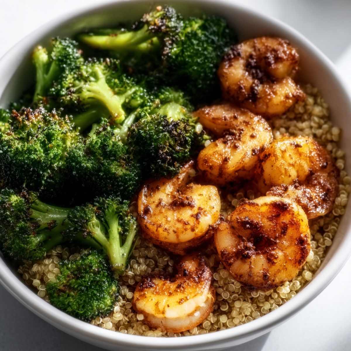 Shrimp quinoa bowl with seasoned sautéed shrimp, fluffy quinoa, and roasted broccoli florets in a white bowl, shown in a clean overhead food photography style.