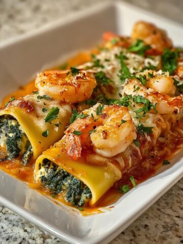 A close-up, angled view of a rectangular white dish containing pasta rolls stuffed with spinach and ricotta. The rolls are baked in a tomato sauce and topped with melted mozzarella cheese, fresh herbs, and seasoned shrimp.