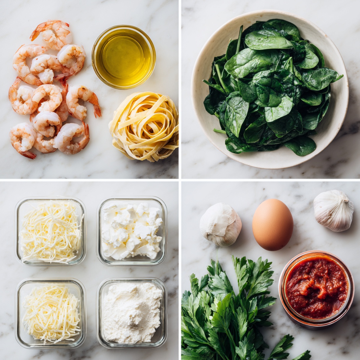 Ingredients for Shrimp and Spinach Stuffed Pasta Rolls arranged in a 4-panel flat lay on a white marble kitchen counter.