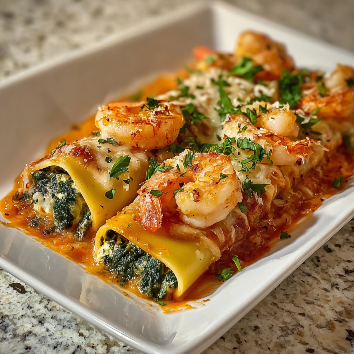 A close-up, angled view of a rectangular white dish containing pasta rolls stuffed with spinach and ricotta. The rolls are baked in a tomato sauce and topped with melted mozzarella cheese, fresh herbs, and seasoned shrimp.