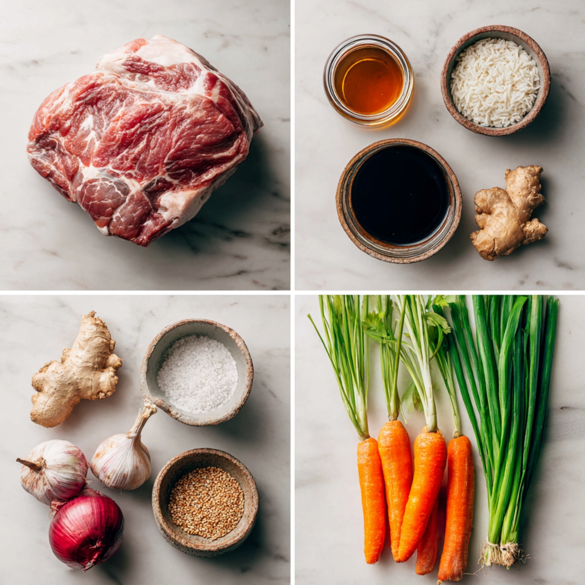 Ingredients for slow cooker Asian pulled pork arranged in a 4-panel flat lay on a white marble kitchen counter.