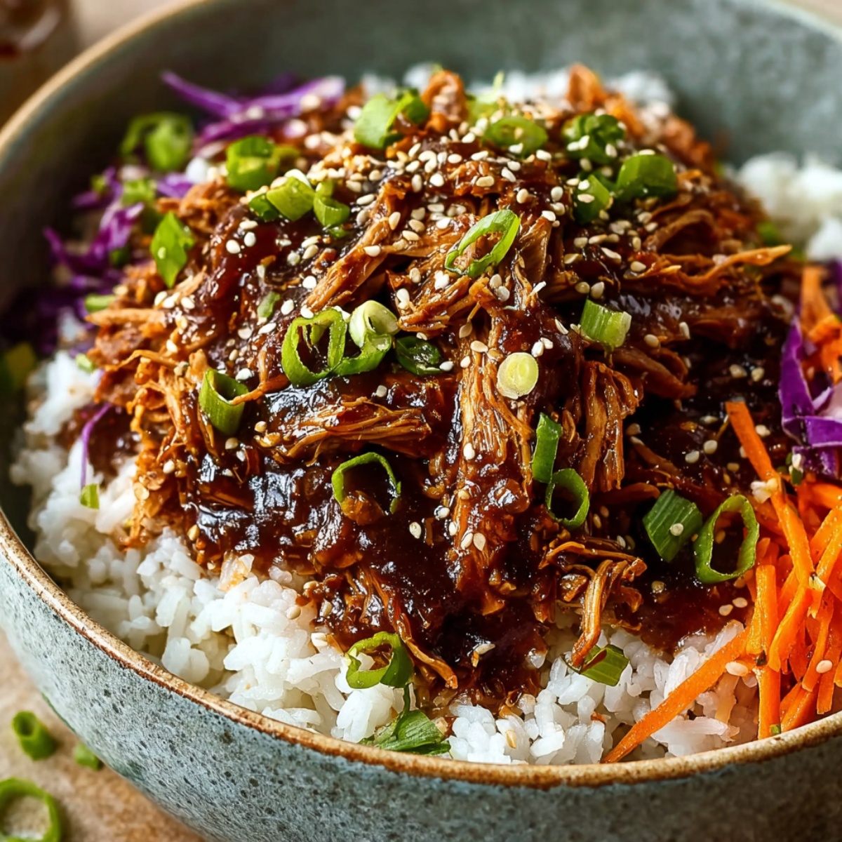 Slow Cooker Asian Pulled Pork served over white rice with a glossy dark sauce, garnished with sesame seeds and sliced green onions, accompanied by shredded purple cabbage and julienned carrots on the side