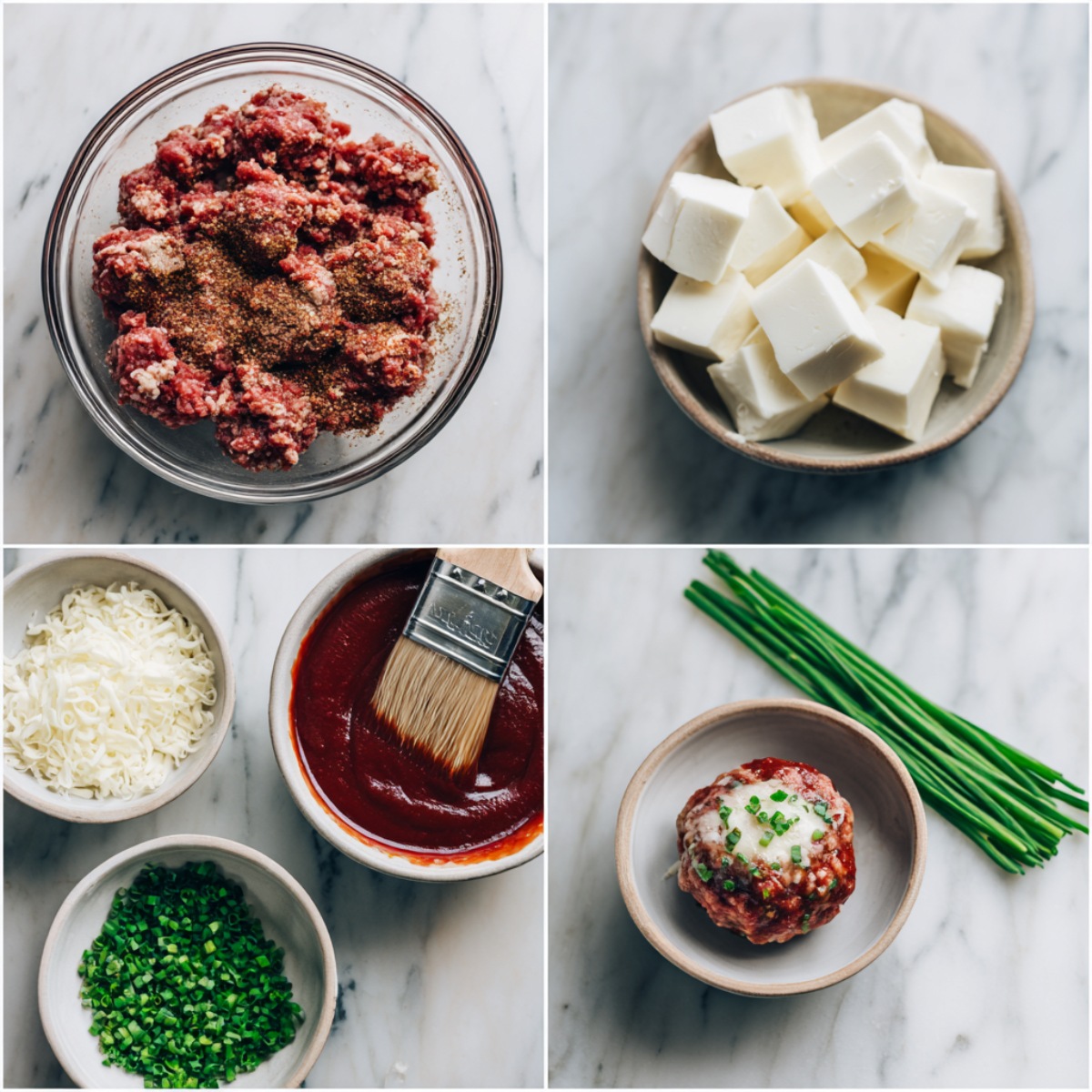 Ingredients for Smoked Stuffed Meatballs arranged in a 4-panel flat lay on a wooden surface.
