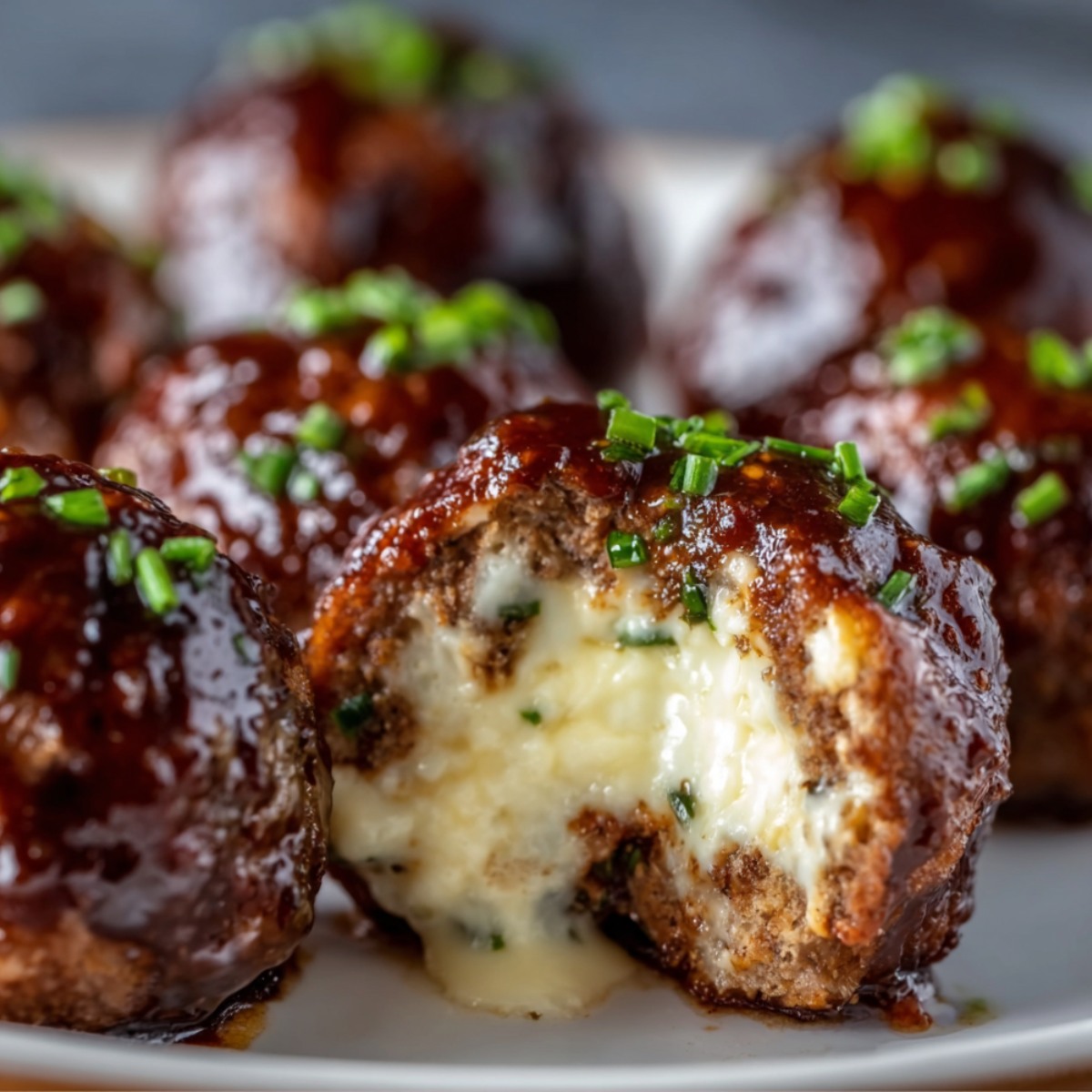 Cheese-stuffed meatballs with glossy barbecue glaze and chopped green onions on a white plate, with one meatball cut open revealing creamy melted cheese filling oozing out.