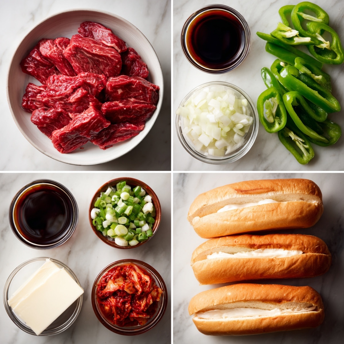 Ingredients for Spicy Bulgogi Cheesesteak arranged in a 4-panel flat lay on a white marble kitchen counter.