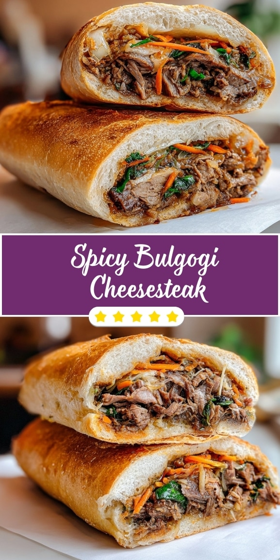 Spicy bulgogi cheesesteak sandwich filled with tender Korean-marinated beef, carrots, greens, and melted cheese inside a golden toasted hoagie roll.