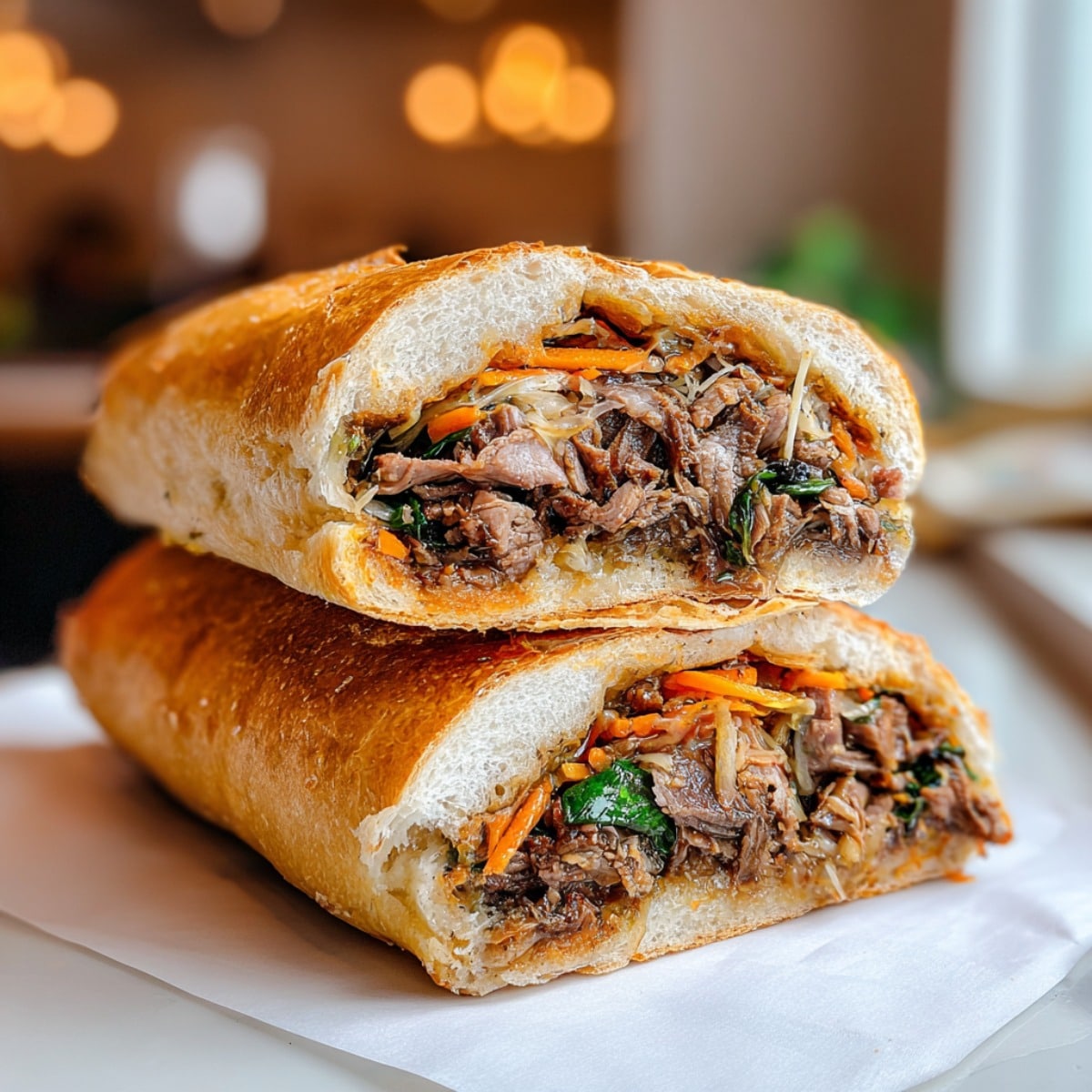 Spicy bulgogi cheesesteak sandwich made with tender marinated beef, sautéed vegetables, and melted cheese on a toasted hoagie roll.