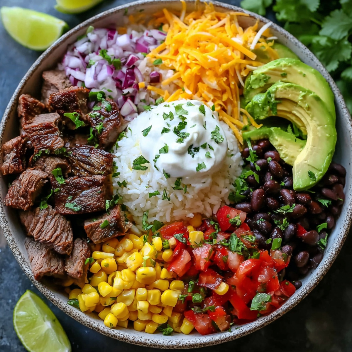 Steak burrito bowl in a rustic ceramic bowl with marinated sliced steak, cilantro-lime rice topped with sour cream and fresh cilantro, shredded cheddar cheese, diced red onions, sliced avocado, black beans, sweet corn, and pico de gallo, with lime wedges on the side