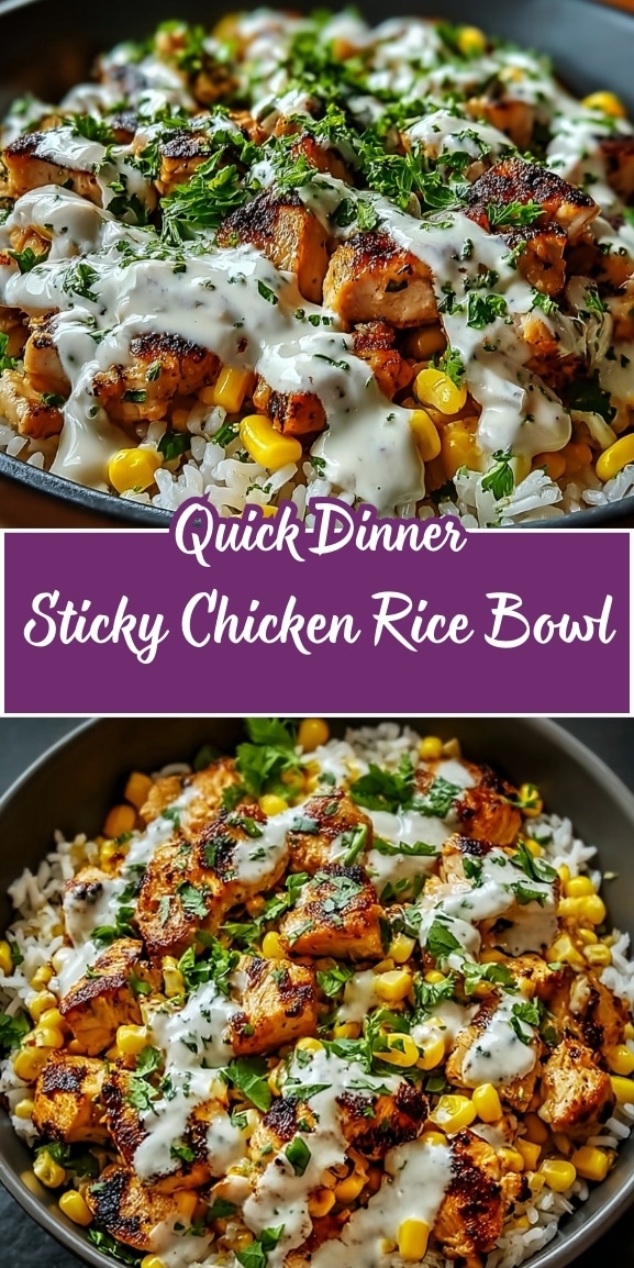 Sticky chicken rice bowl with grilled chicken, fluffy white rice, sweet corn, fresh herbs, and creamy sauce, served as a quick dinner meal.