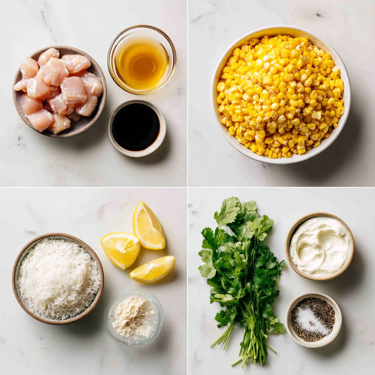 Ingredients for Sticky Chicken Rice Bowl arranged in a 4-panel flat lay on a white marble kitchen counter.