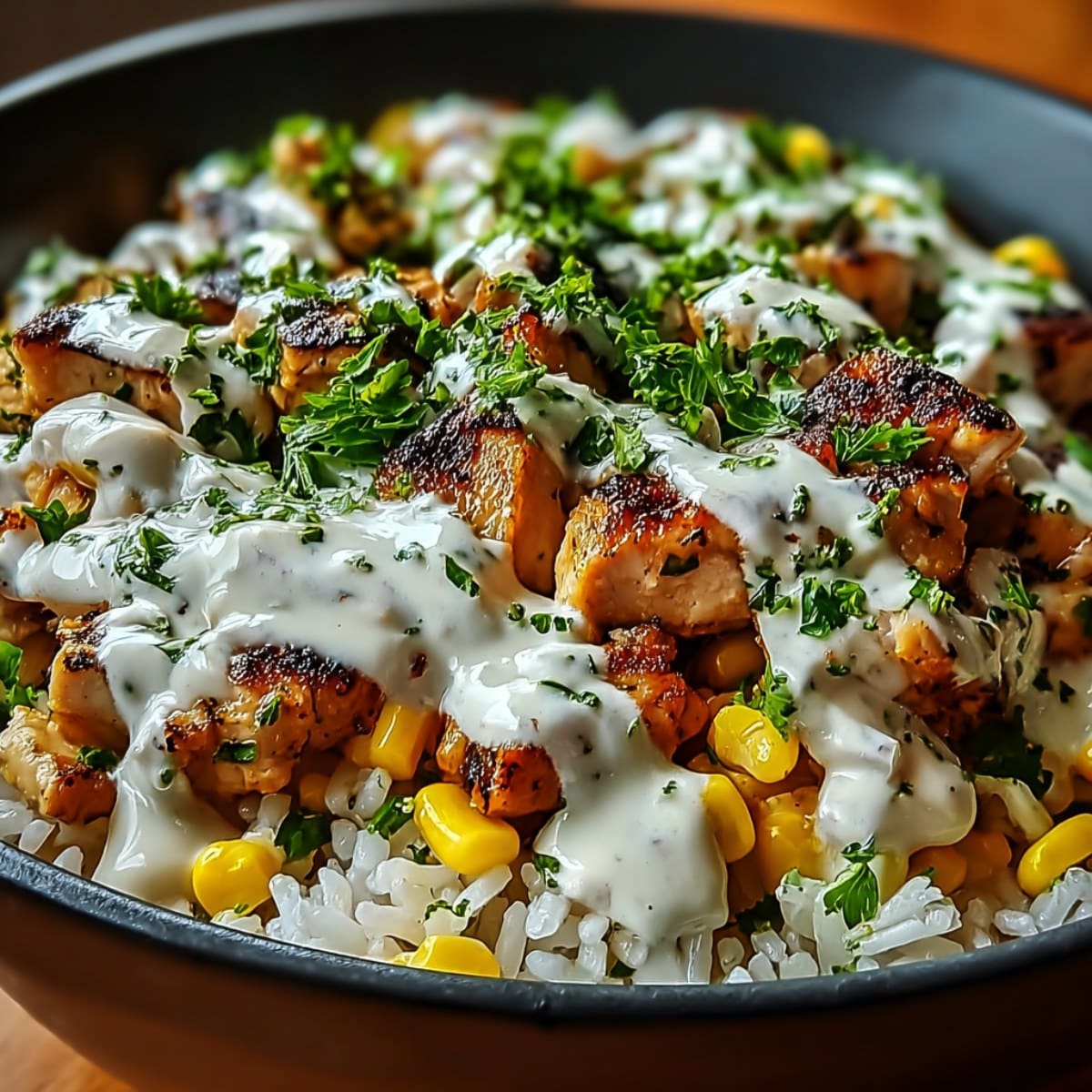 Sticky chicken rice bowl with grilled chicken chunks, fluffy rice, sweet corn, fresh herbs, and creamy sauce drizzle.