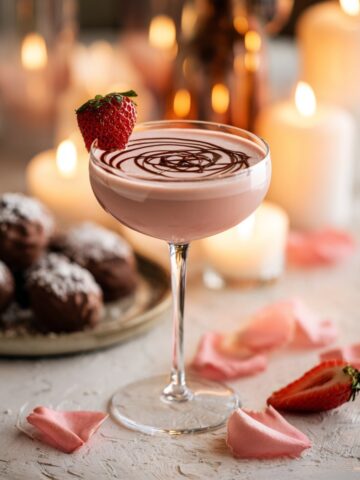 Strawberry chocolate martini in a coupe glass with creamy pink base, chocolate spiral pattern on top, fresh strawberry garnish on rim, surrounded by chocolate truffles, pink rose petals, and glowing candles