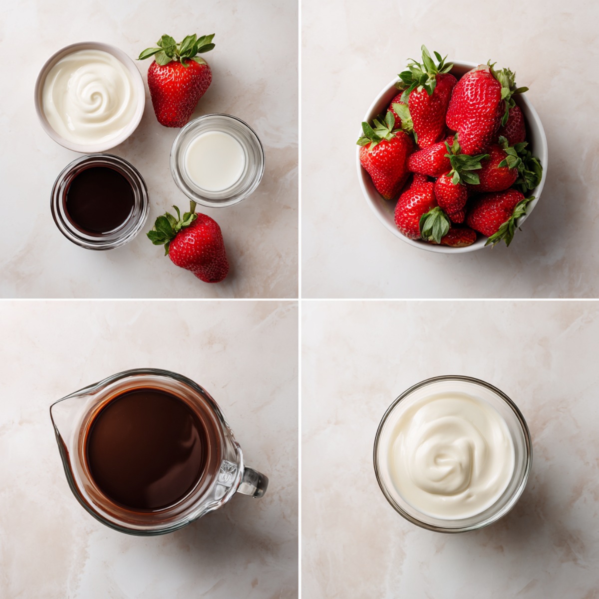 Four-image grid showing Strawberry Chocolate Martini ingredients arranged on a white marble kitchen surface, including fresh strawberries, heavy cream, white chocolate liqueur in small glassware, and chocolate syrup, styled in a clean overhead flat-lay.