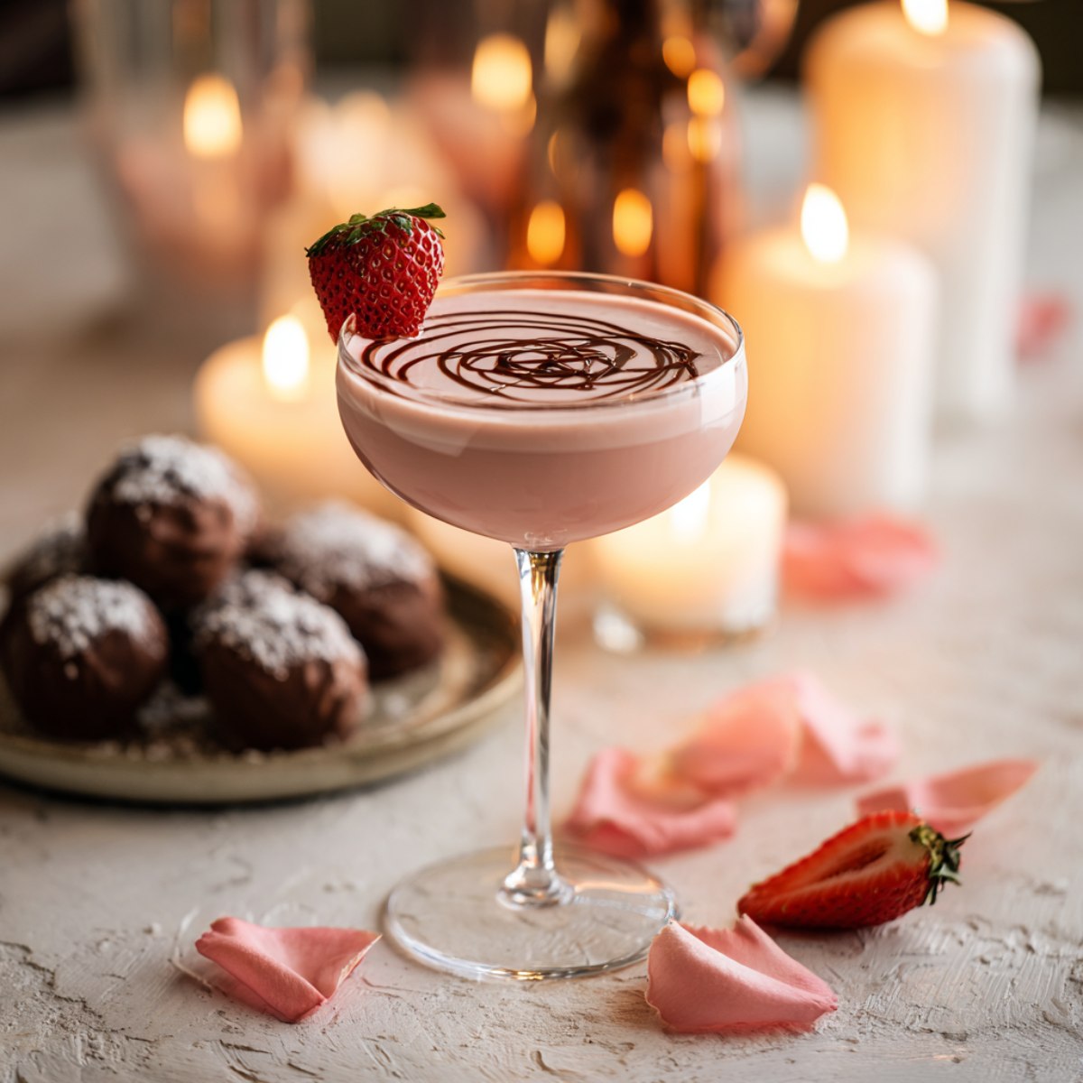 Strawberry chocolate martini in a coupe glass with creamy pink base, chocolate spiral pattern on top, fresh strawberry garnish on rim, surrounded by chocolate truffles, pink rose petals, and glowing candles