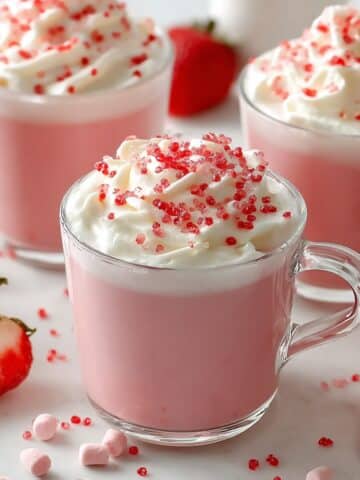 Creamy strawberry hot chocolate in a clear glass mug, topped with whipped cream and red sugar sprinkles, surrounded by fresh strawberries and mini marshmallows.