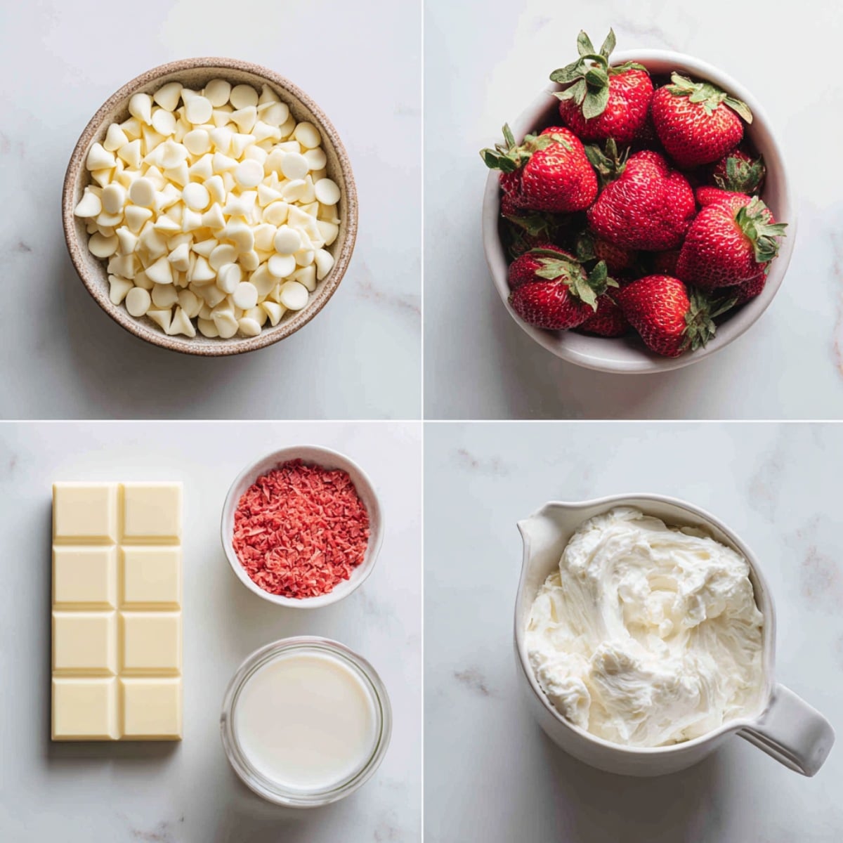 Ingredients for strawberry hot chocolate arranged in a 4-panel flat lay on a white marble kitchen counter.