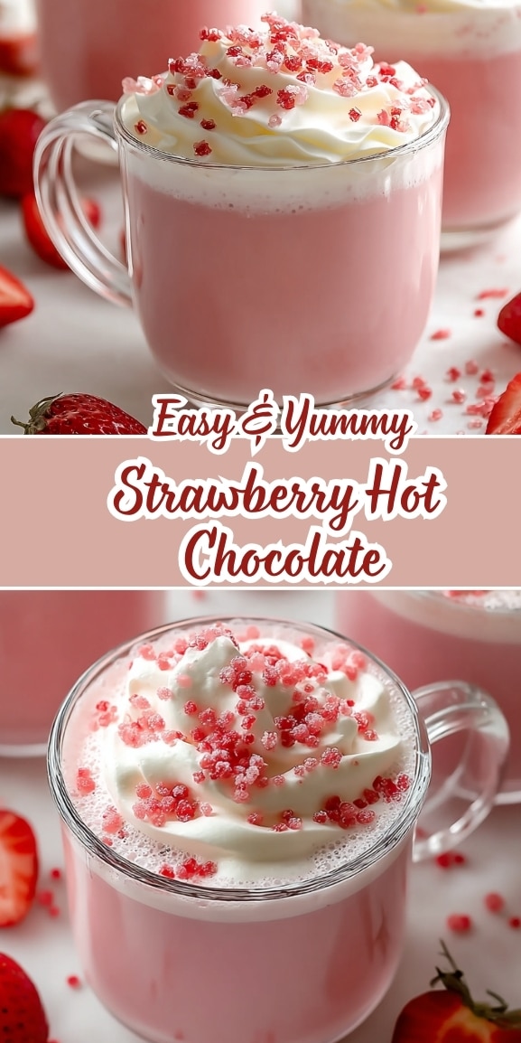 Easy strawberry hot chocolate in a clear glass mug topped with whipped cream and pink sugar sprinkles, styled with fresh strawberries on a white background.
