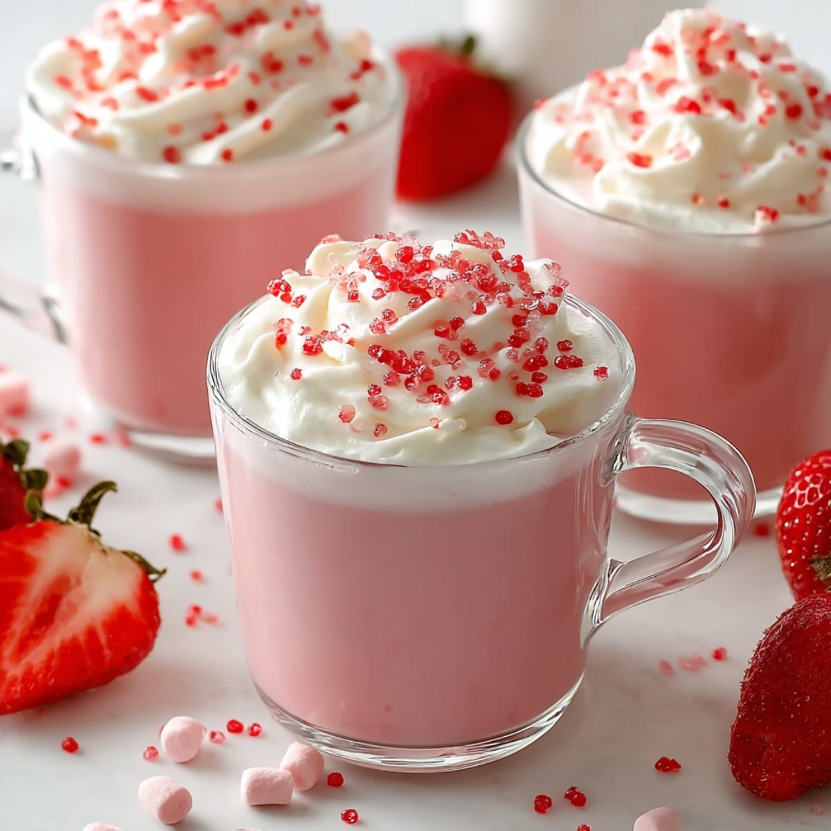 Creamy strawberry hot chocolate in a clear glass mug, topped with whipped cream and red sugar sprinkles, surrounded by fresh strawberries and mini marshmallows.
