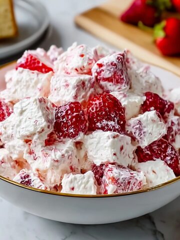 Strawberry shortcake fluff salad served in an elegant white bowl with gold rim, featuring fresh strawberries and cake cubes coated in fluffy strawberry cream, with pound cake slices and fresh strawberries visible in the background