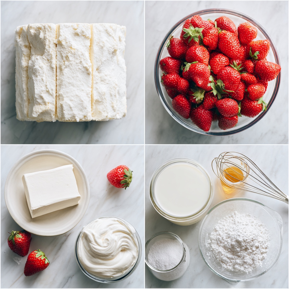 Ingredients for Strawberry Shortcake Fluff Salad arranged in a 4-panel flat lay on a white marble kitchen counter.