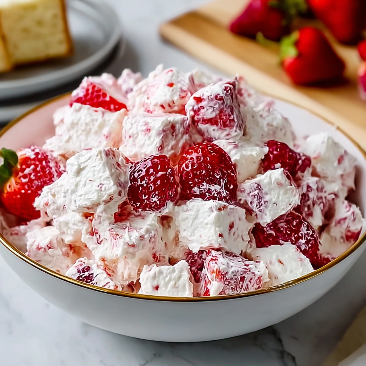Strawberry shortcake fluff salad served in an elegant white bowl with gold rim, featuring fresh strawberries and cake cubes coated in fluffy strawberry cream, with pound cake slices and fresh strawberries visible in the background
