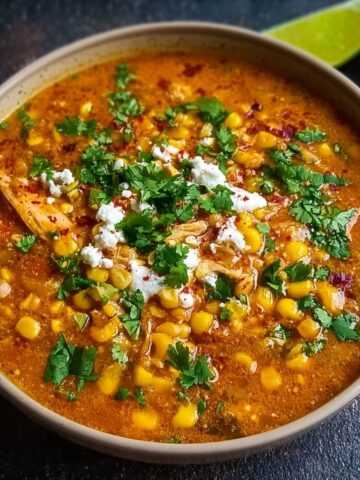 Street corn chicken chili in a speckled bowl with golden corn kernels, shredded chicken, and orange-red broth, garnished with fresh cilantro, crumbled white cheese, red chili flakes, and lime wedges on the side.