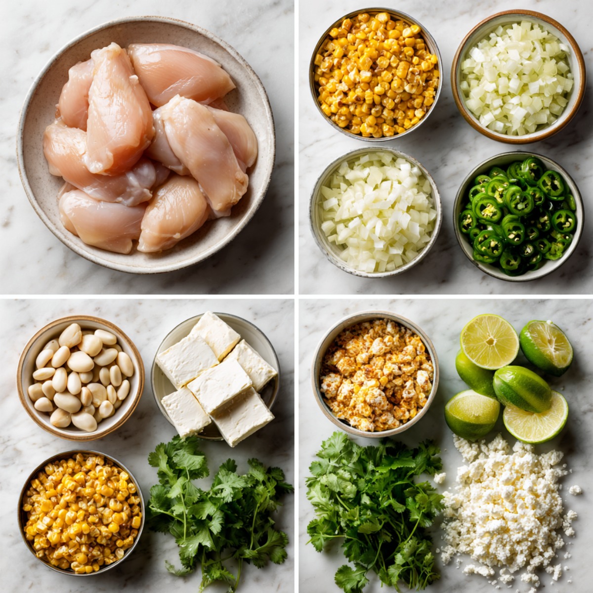 Ingredients for Street Corn Chicken Chili arranged in a 4-panel flat lay on a white marble kitchen counter.