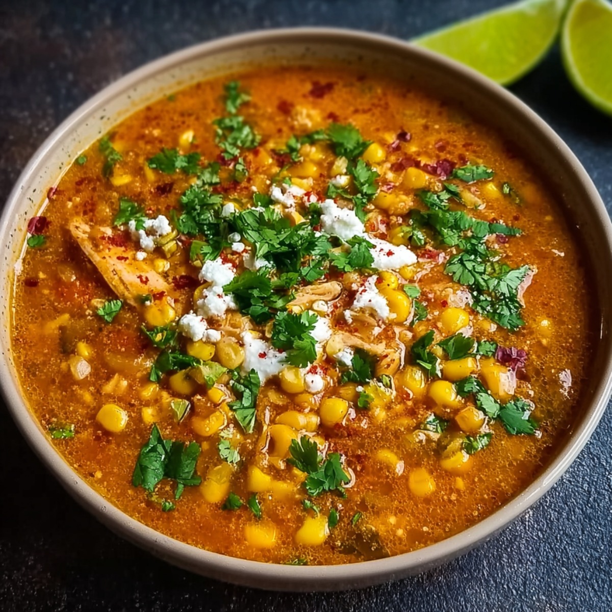 Street corn chicken chili in a speckled bowl with golden corn kernels, shredded chicken, and orange-red broth, garnished with fresh cilantro, crumbled white cheese, red chili flakes, and lime wedges on the side.
