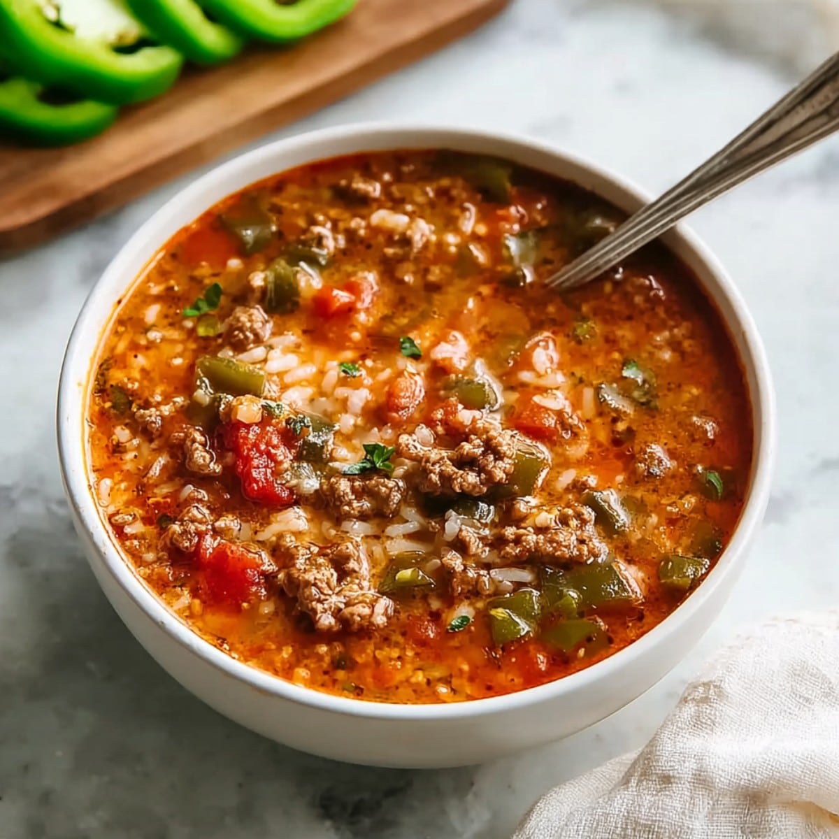 Stuffed pepper soup made with ground beef, tender rice, diced tomatoes, and green bell peppers in a hearty, seasoned tomato broth, served warm in a white bowl.