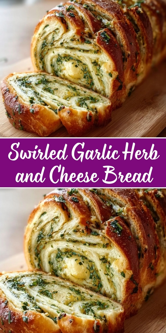 Sliced swirled garlic herb and cheese bread loaf with golden-brown crust, showing spiral layers of garlic butter, fresh herbs, and melted cheese throughout the soft bread on a wooden cutting board