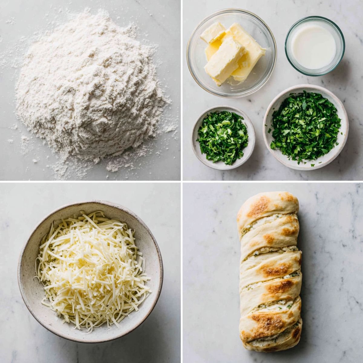Ingredients for Swirled Garlic Herb and Cheese Bread arranged in a 4-panel flat lay on a white marble kitchen counter.