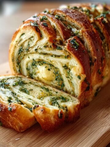 Sliced garlic herb swirl bread loaf with golden-brown crust, revealing spiral layers of garlic butter, fresh parsley, and herbs throughout the soft white bread on a wooden cutting board