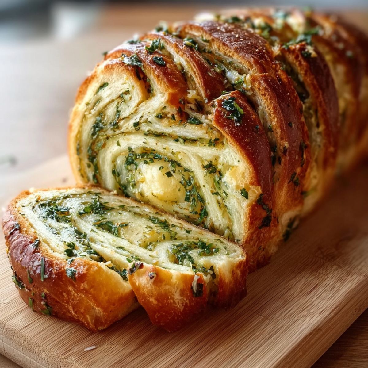 Sliced garlic herb swirl bread loaf with golden-brown crust, revealing spiral layers of garlic butter, fresh parsley, and herbs throughout the soft white bread on a wooden cutting board