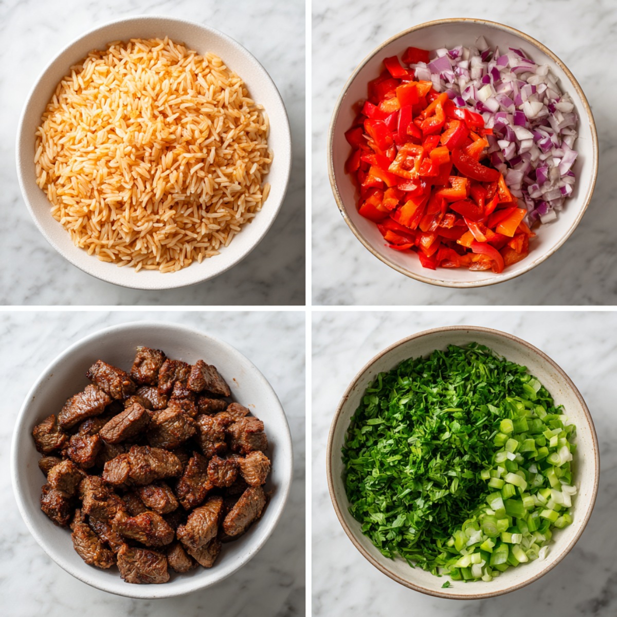 Top-down view of ingredients for Texas Roadhouse Seasoned Rice with Steak Tips on a white marble surface: raw long-grain rice, diced red bell peppers and onions, seared steak tips, and chopped fresh green parsley or green onions. Clean, minimal, high-end food photography layout.