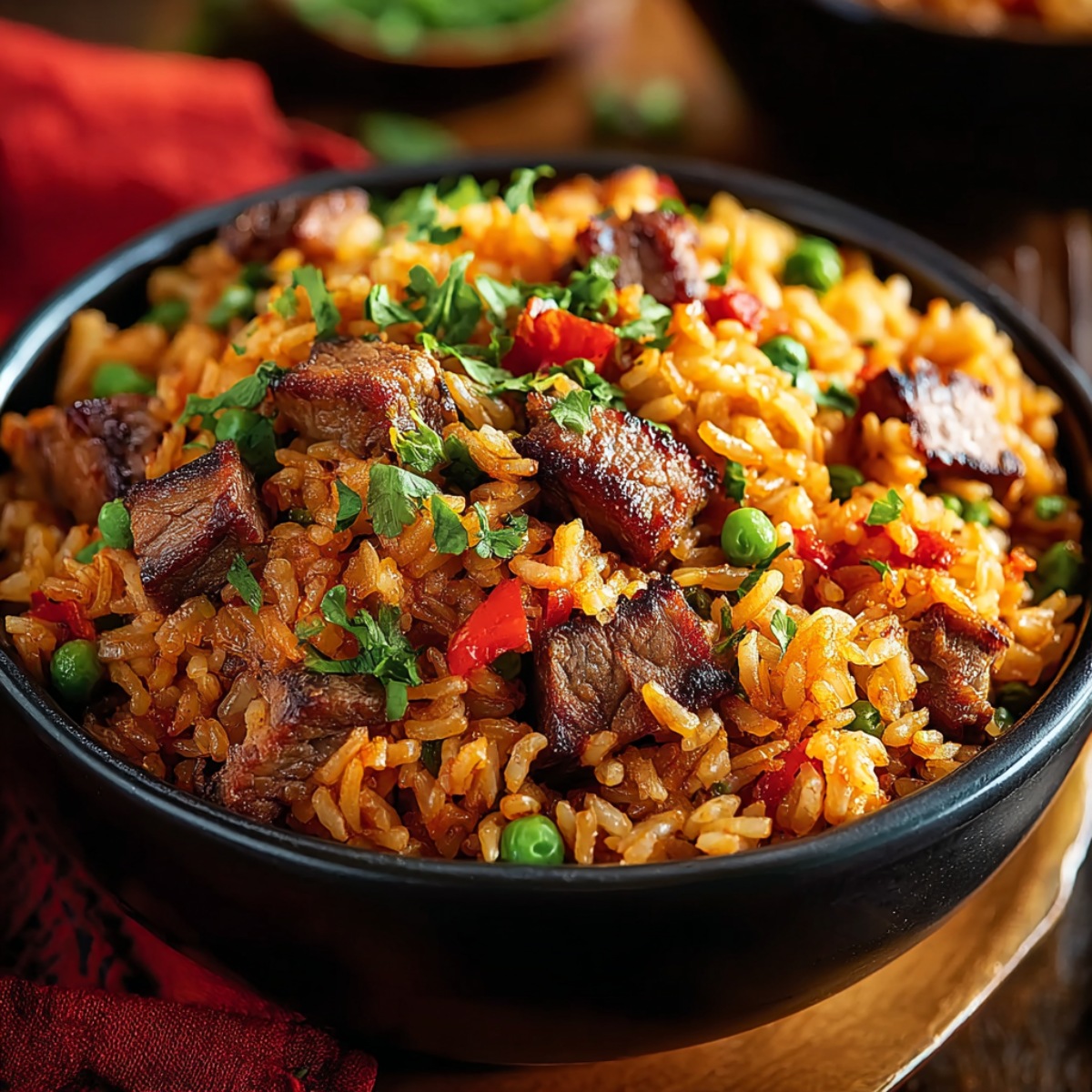Savory seasoned rice in a black skillet with chunks of seared steak, bright green peas, diced red peppers, and fresh cilantro garnish, served Texas Roadhouse-style on a wooden board with a red napkin.