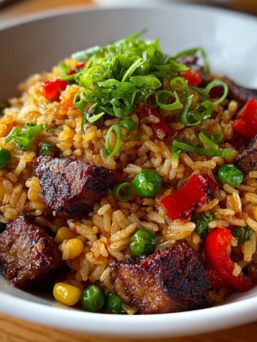 Texas Roadhouse seasoned rice with tender beef bites, fluffy rice, corn, peas, red bell peppers, and green onions in a white bowl.