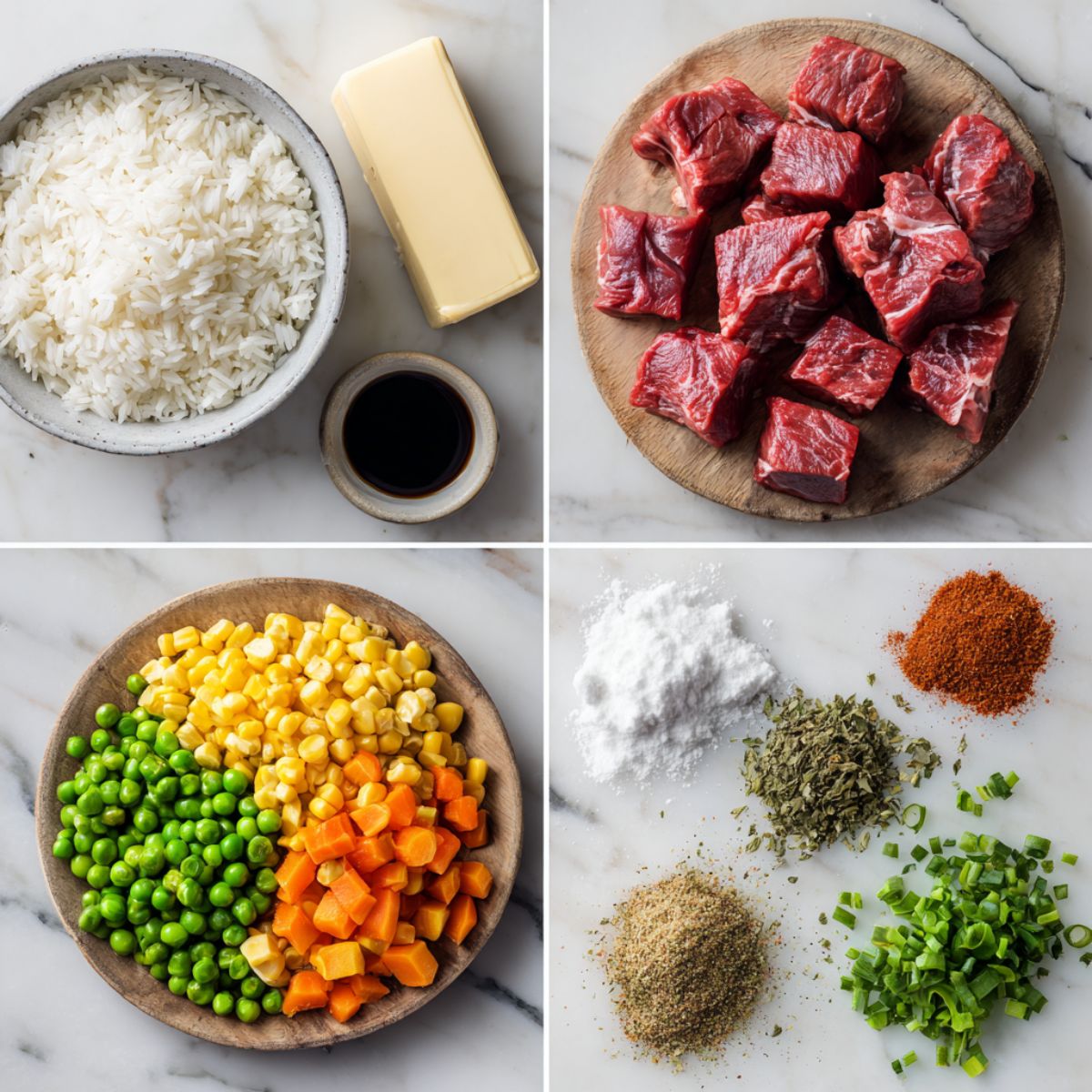 Ingredients for Texas Roadhouse Seasoned Rice arranged in a 4-panel flat lay on a white marble kitchen counter.