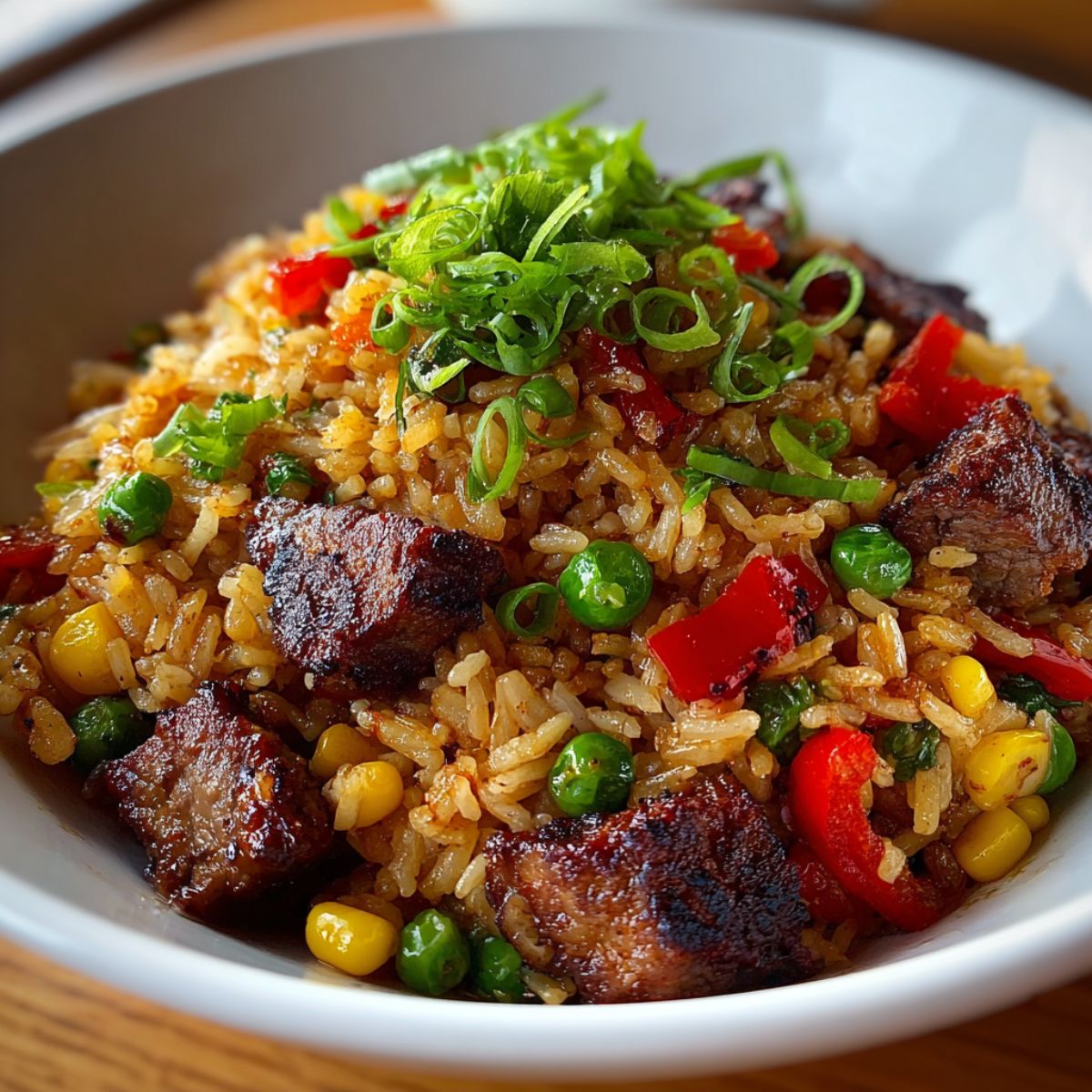Texas Roadhouse seasoned rice with tender beef bites, fluffy rice, corn, peas, red bell peppers, and green onions in a white bowl.