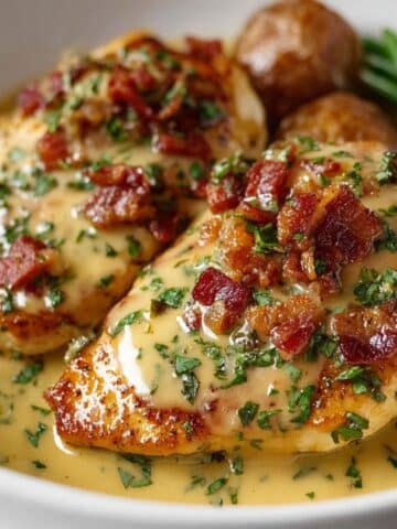 Texas Roadhouse smothered chicken topped with bacon, herbs, and creamy sauce