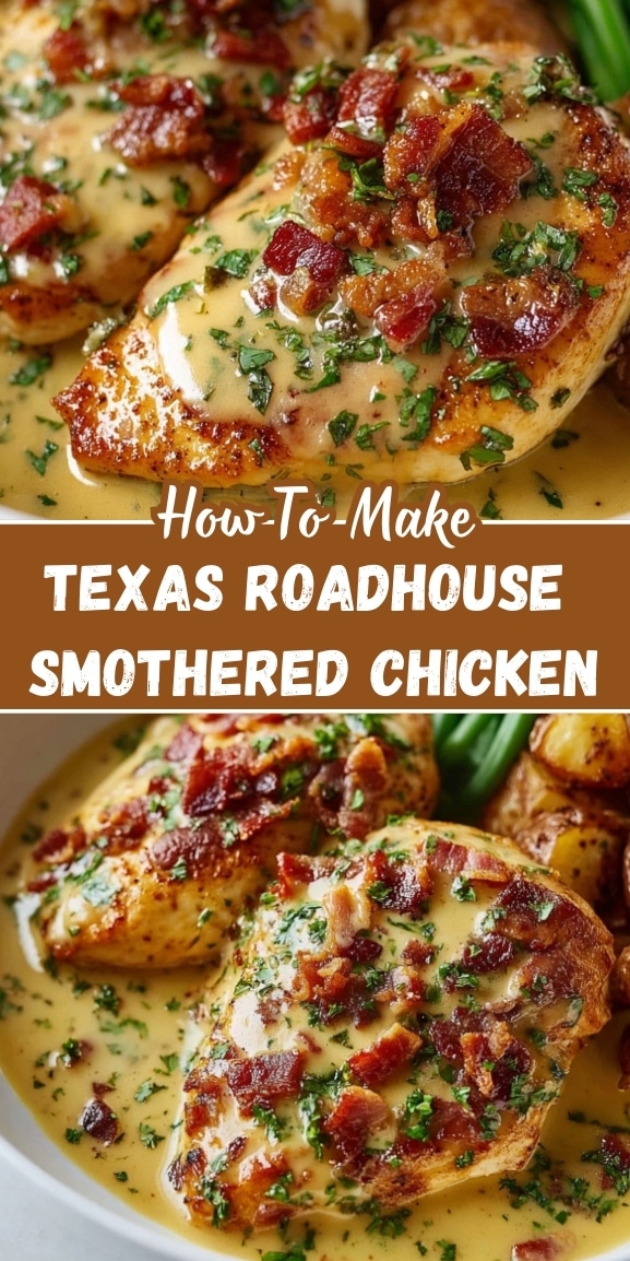 Texas Roadhouse smothered chicken pin showing bacon-topped chicken in creamy sauce