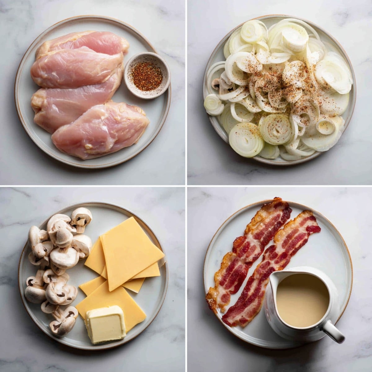 Ingredients for Texas Roadhouse Smothered Chicken arranged in a 4-panel flat lay on a white marble kitchen counter.