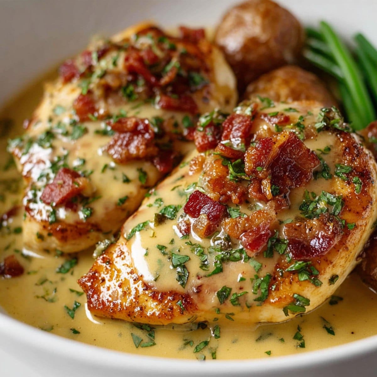 Texas Roadhouse smothered chicken topped with bacon, herbs, and creamy sauce