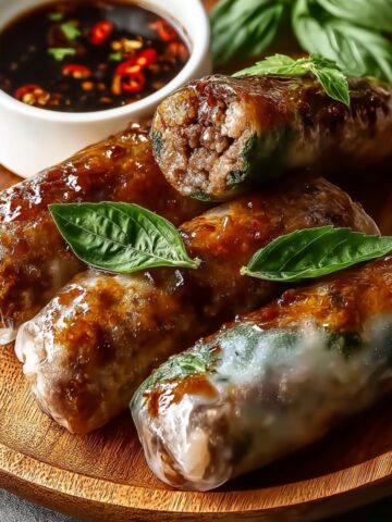 Thai basil beef spring rolls with translucent rice paper wrappers filled with seasoned ground beef and fresh Thai basil leaves, glazed with sweet chili sauce, served on a wooden board with spicy Thai chili dipping sauce with red chili flakes