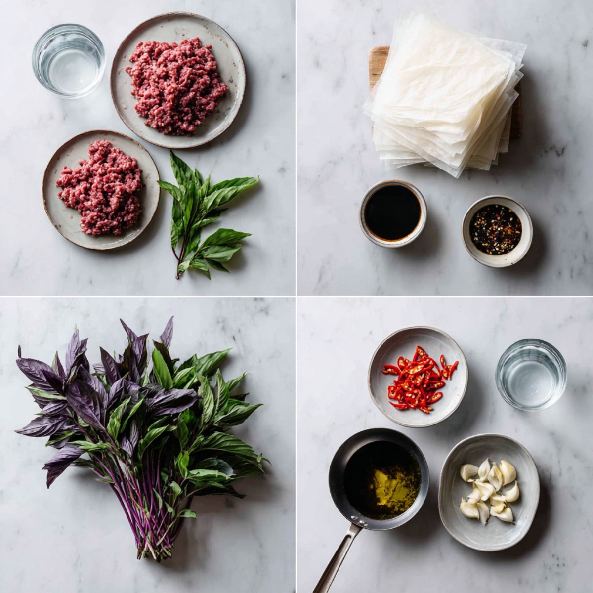 Ingredients for Thai Basil Beef Rolls arranged in a 4-panel flat lay on a white marble kitchen counter.