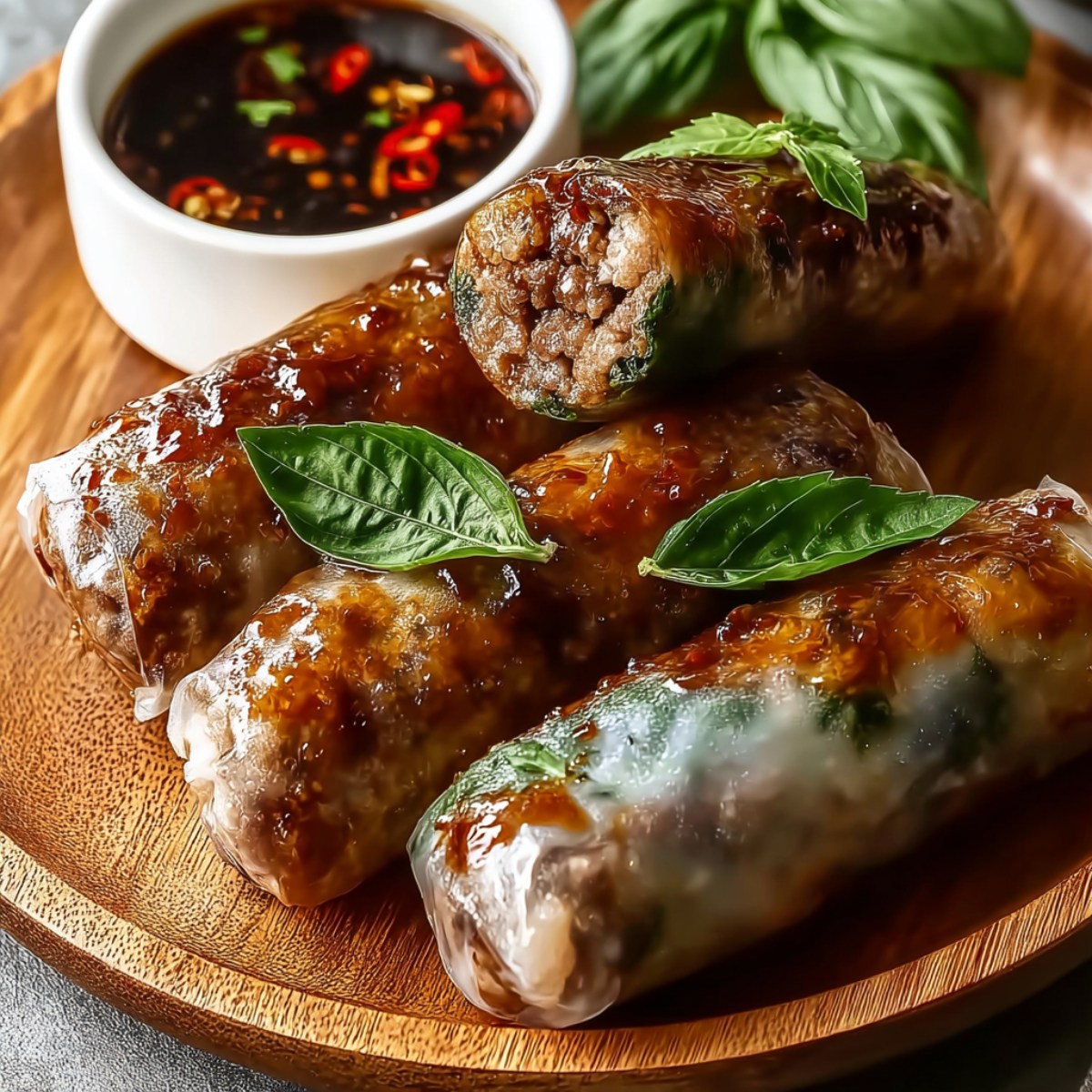 Thai basil beef spring rolls with translucent rice paper wrappers filled with seasoned ground beef and fresh Thai basil leaves, glazed with sweet chili sauce, served on a wooden board with spicy Thai chili dipping sauce with red chili flakes